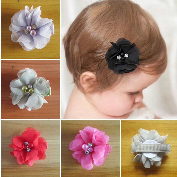 

New stock 1.97" Handmade Chiffon Flowers Hair Clips Pearl Rhinestone Center kids Girls Hair Accessories Free Shipping 20pcs/lot