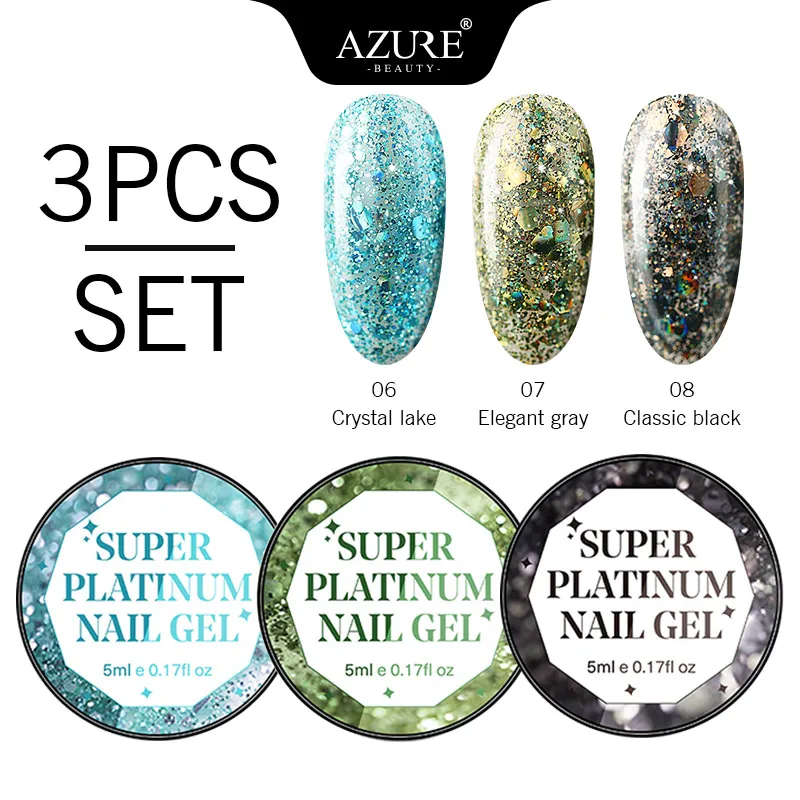 Azure Beauty 3 шт./лот Платиновые Блестки УФ-Гель-лак отмачиваемый от покраски блестки