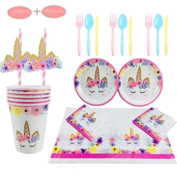 

Unicorn Party Supplies Tableware Set- Serves 16- Plates, Cups, Napkins, Forks, Spoons, Knives, Straws, Straw Decorations Table