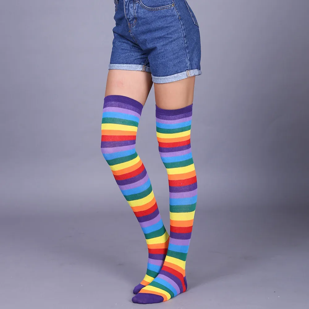 Thigh High Socks Women Stockings Cotton Thigh High Mixed Rainbow Striped Long Stockings Knitted Ladies Over The Knee Socks