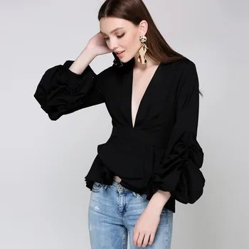 

Women Autumn Spring Deep V-neck Long ruffles Sleeves blouse Office Lady nipped waist White black blue color blouses