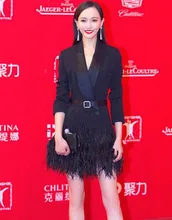 2016 star runway designer fashion women suit V collar long-sleeve black suit jacket tassel feather dress