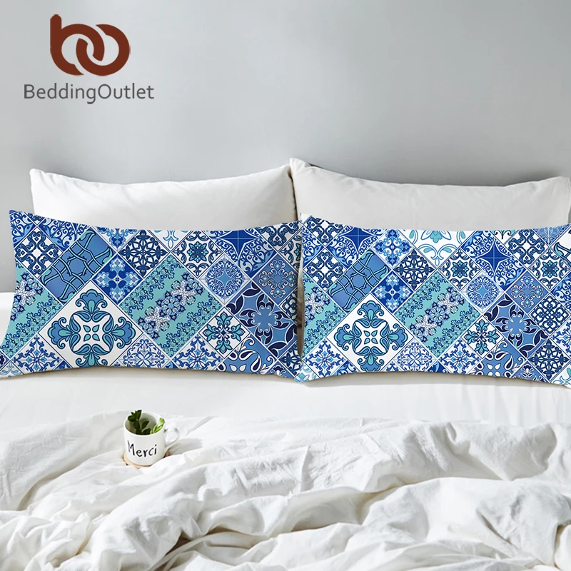 BeddingOutlet мозаика шеи наволочка сине-белые квадратный кровать Чехол для подушки с цветочным принтом дом уютным постельное белье одна пара