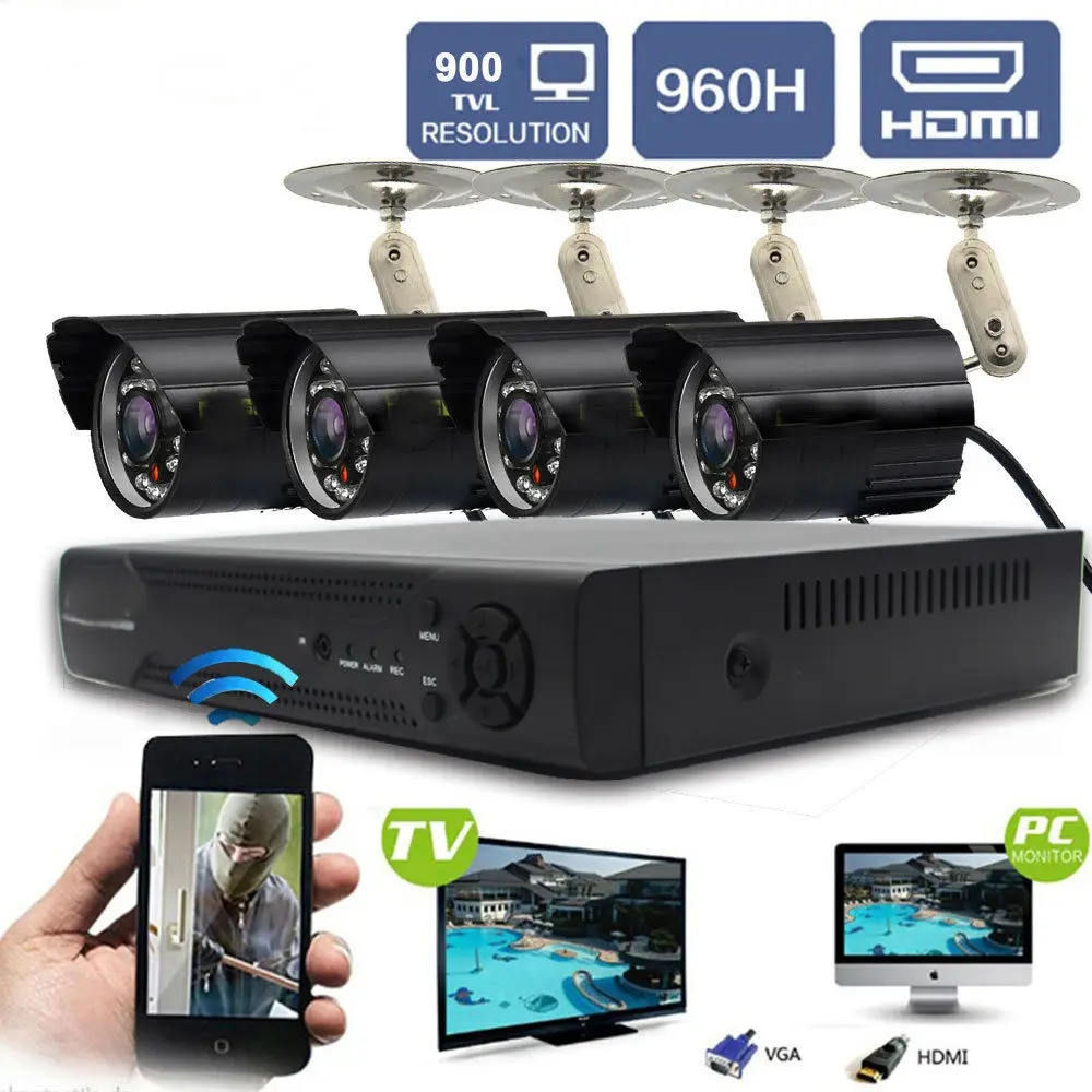  4CH 960H DVR Complete Security Kit With 4x 900TVL Day Night Outdoor CCTV Cameras System,Weatherproof Metal Casing Motion Detect 