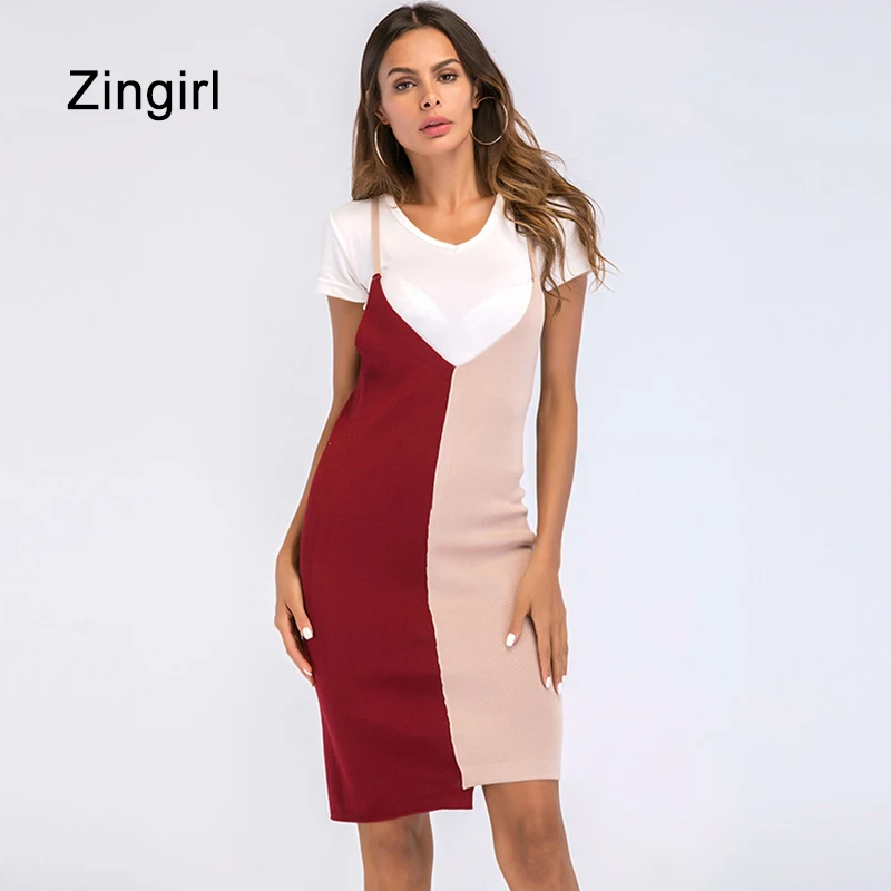 Zingirl спинки пикантные Лоскутные миди платья женщин ремень летние элегантные