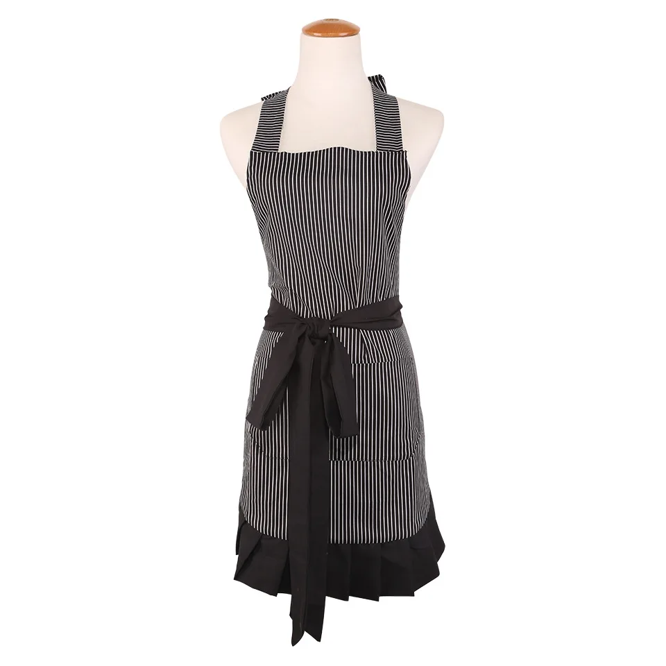 New Women Restaurant Home Kitchen apron Flower And Leaves Printed Pocket Lace Cooking Cotton Apron High Quality Pleated Apron
