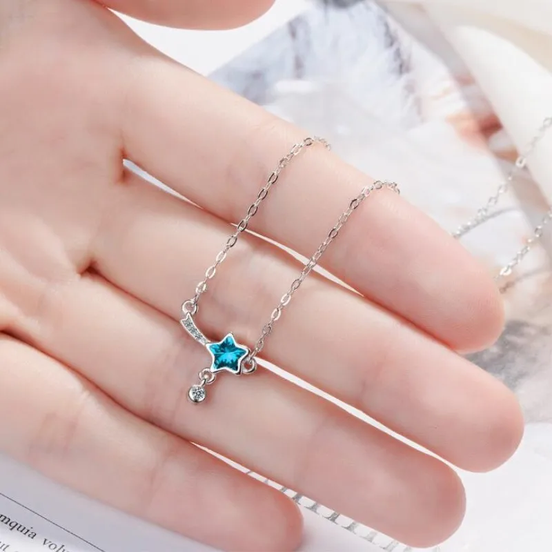 

Fresh Azure Crystal Mini Cute Five Pointed Star Small Star 925 Sterling Silver Jewelry Short Necklaces Fine Female H352