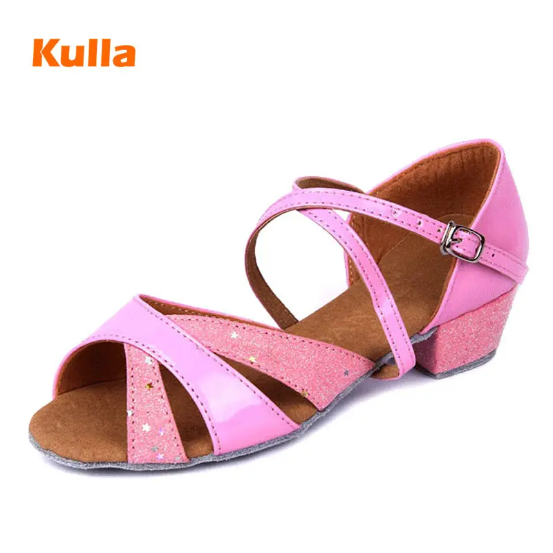 

Glitter/Satin Dance Shoes Girls Low Heel 3CM Child Kids Ballroom Latin Dancing Shoes Pink/Gold 5Colors zapatos de baile de mujer