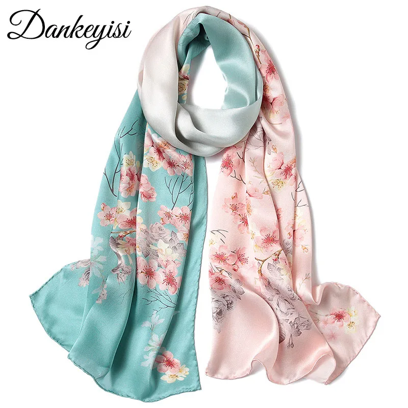 

DANKEYISI Long Pure Silk Scarf Women Shawl Female Neck Silk Scarves Printed ethnic 100% Silk Beach Cover-ups Muslim Hijab 2018