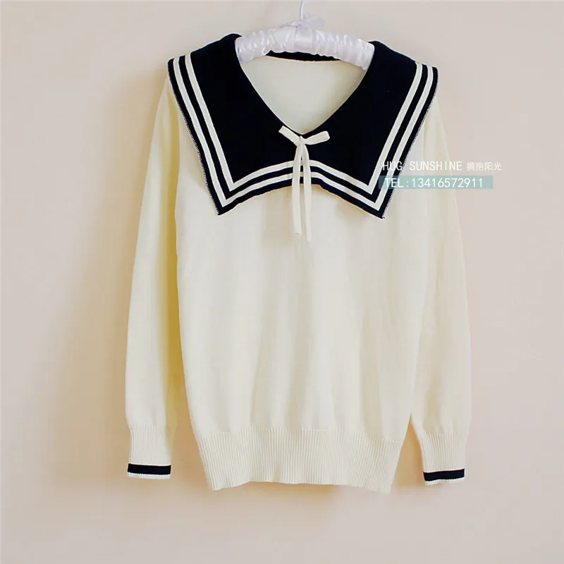 

Cotton Preppy Style Sailor Collar Sweater with Bowknot Knitted Pullover V-neck Knitwear Japanese School Uniform Knitting Shirt