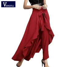 Women wrap skirts ankle length casual sashes ruffle hem wide leg loose pants elegant skirts pure color Summer fashion