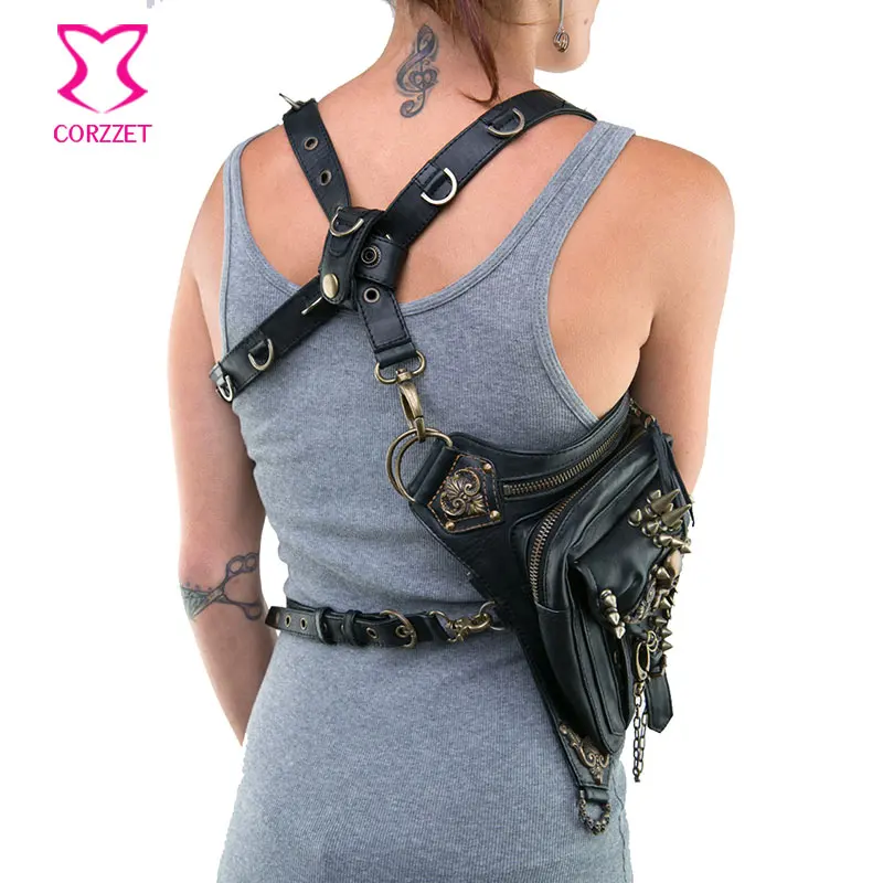 Черная кожаная сумка с черепами и заклепками в стиле рок Готическая поясная