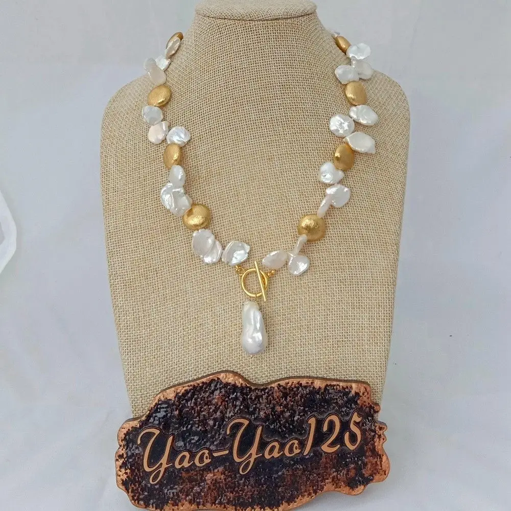 

18'' White Keshi Pearl Golden Plated Coin Bead Necklace Keshi Pearl Pendant