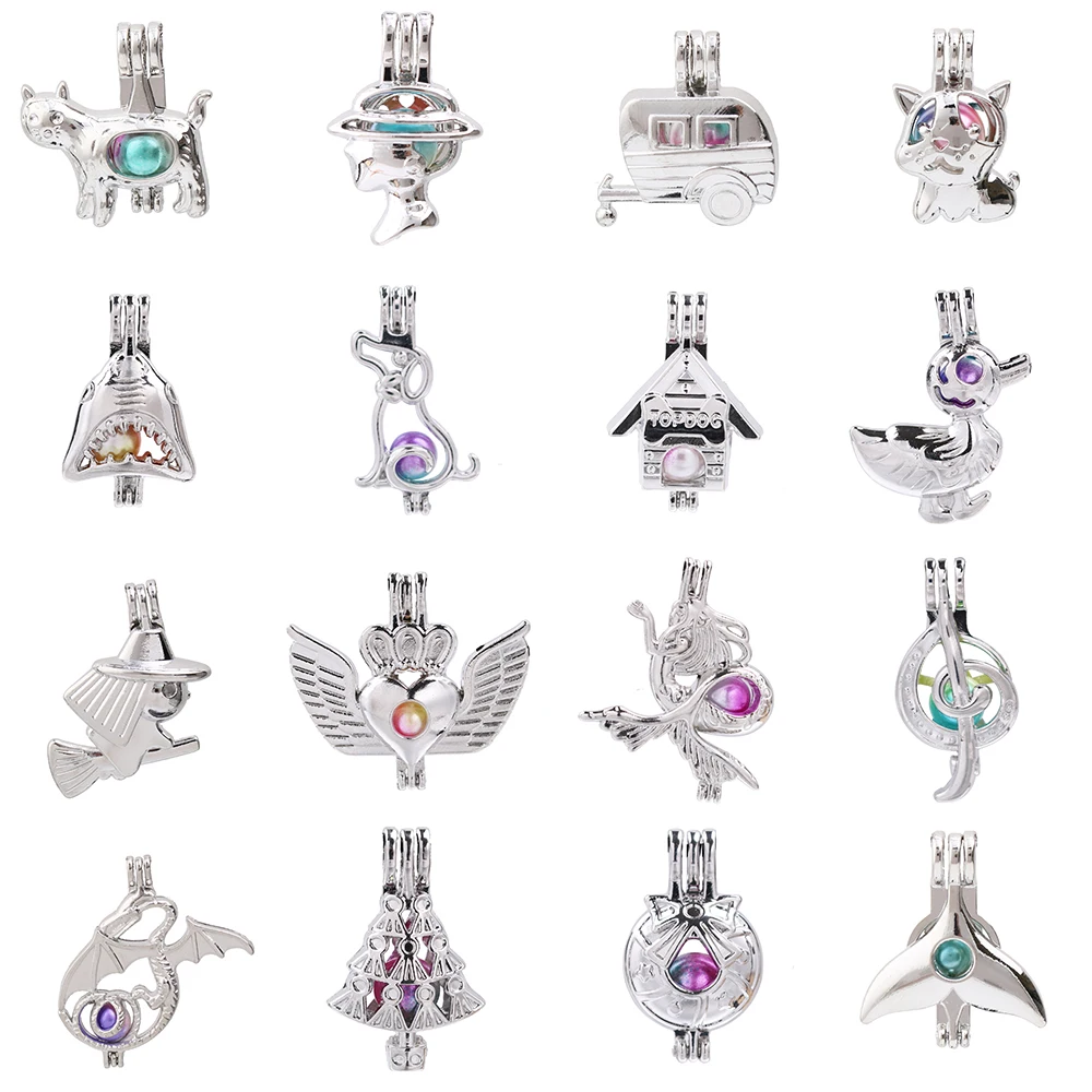

1pc Mixed Enamel Flower Dog Mermaid Wing Duck Cat Pearl Cage Pendant Bead Cage Essential Oil Diffuser Lockets for Oyster Pearls