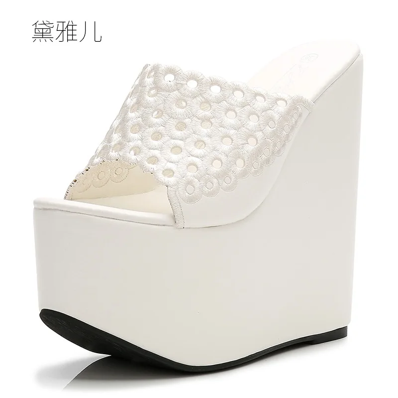 

2018 Summer Style Fashion White Sexy Wedges Slippers High Heels Sandals for Women's with Female Shoes Woman Wedding Ladies Black