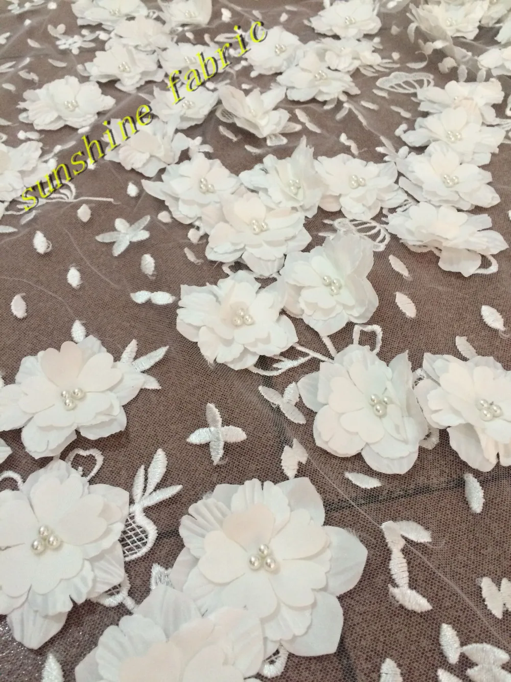 

White African Lace Fabric With beads 3d flower Nigerian lace Fabrics 2017 High Quality Beaded Tulle Fabric for wedding dresses