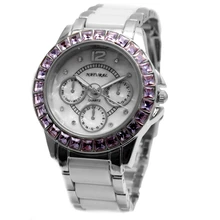 С подарками Box Элегантный Фиолетовый Кристаллы часы для очарование дамы воды Сопротивление белый циферблат Для женщин Керамика часы-браслет FW830S