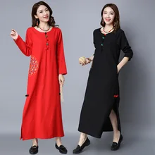 Plus Size 2017 Autumn Women Elegant Embroidery Flower Cotton Ladies Female Large Casual Color Block Long Dresses Vestidos
