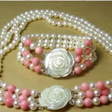 Прекрасный Хороший Свадебные красивые 3 ряда Белый коралл ожерелье браслет женщина слово серебро-ювелирные изделия