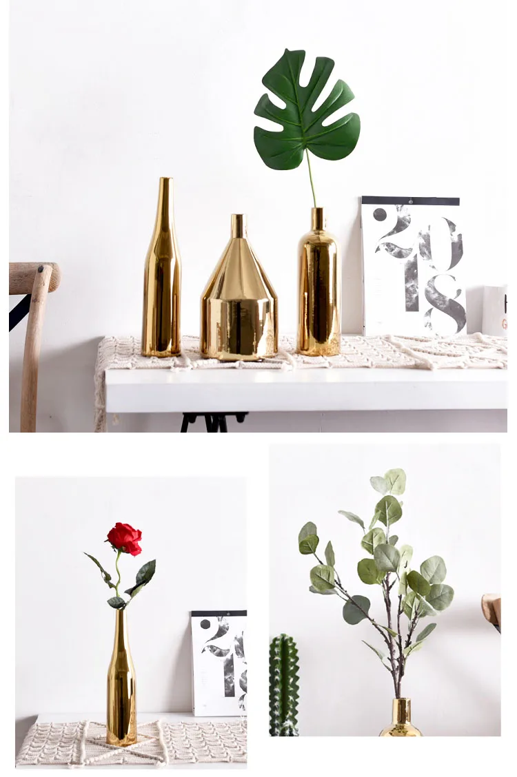 Nordic Luxury Golden Ceramic Flower Vase Retro Gold Plating Crafts Desk Decorations Ornaments Living Room Flower Pot