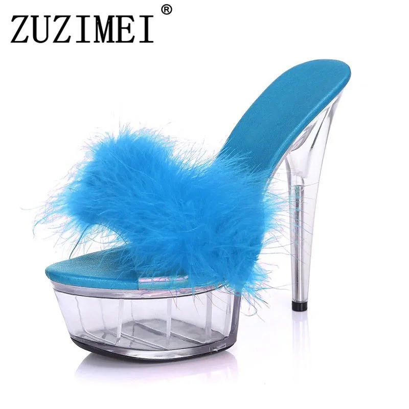 

Big Size 35-43 Sexy Super High Heels 15CM Transparent Crystal Sandals Slippers With Feathers Nightclub Sexy Woman Shoes White