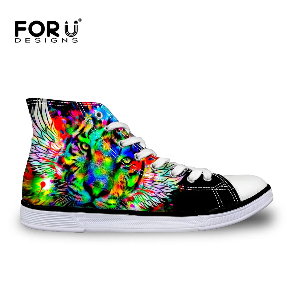 White Classic Style Men's Shoes High top Canvas Shoes,Cool Tiger Lion