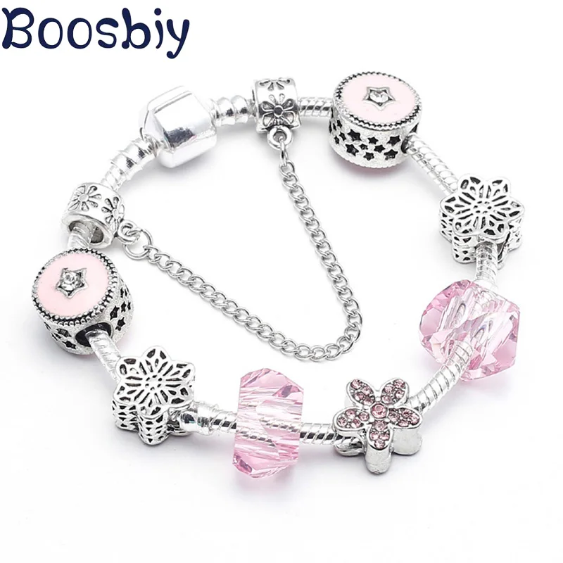 Boosbiy браслеты с подвесками в европейском стиле с розовыми хрустальными бусинами посеребренные брендовые браслеты для женщин ювелирные изделия подарок