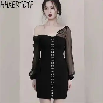 

2019 spring summer long Sleeve Women Pencil Dress Runway Black chiffon patchwork Single Breasted Button Dress Sexy Dress