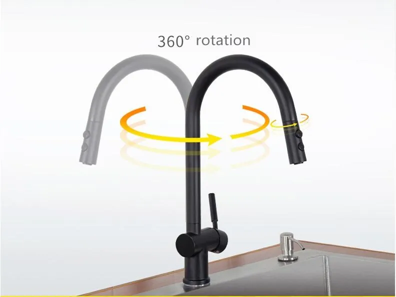 Черный латунный кухонный кран Pull out боковой опрыскиватель двойной Носик одинарная ручка смеситель для раковины кран 360 Вращение Кухонные