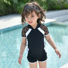Купальный костюм из двух предметов для девочек; горячая распродажа; черные марлевые купальники для девочек; одежда для купания с короткими рукавами для малышей; детский купальный костюм