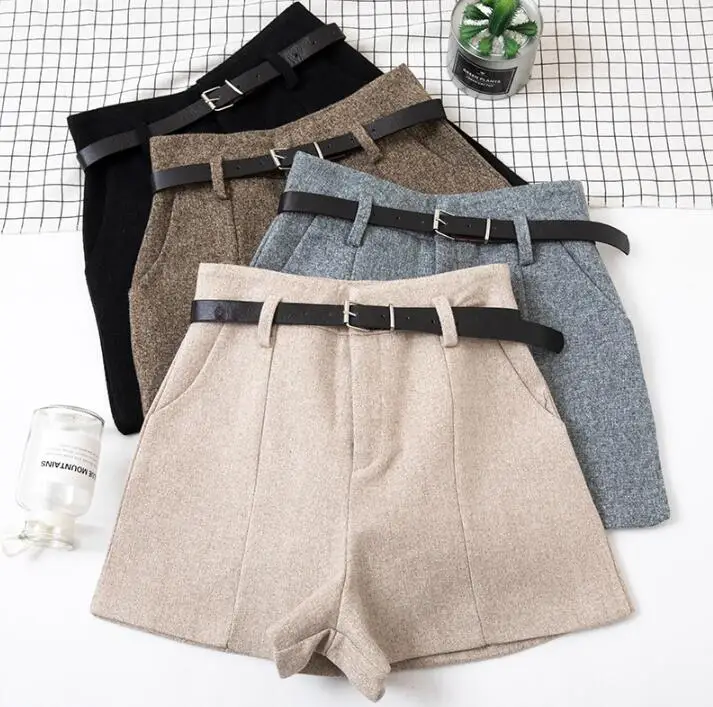 Women Winter Thick Woolen Shorts With PU Belt High Waist Wide Leg Shorts Women Korean Fashion Formal Vintage Shorts