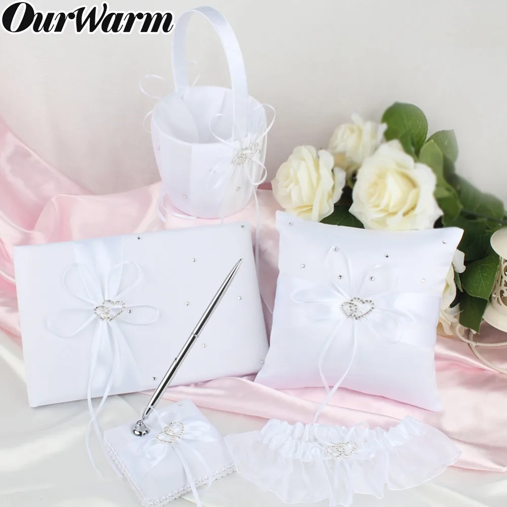 OurWarm 5 шт./компл. Набор подушек для свадебных колец с двойным сердцем атласная