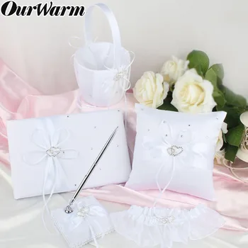 

OurWarm 5pcs/set Wedding Ring Pillow Set Double Heart Satin Ribbon Diamond Ring Pillow Flower Basket Guest Book Pen Set Garter