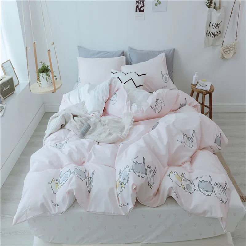 

2018 Light Pink Cats Bedding Set 100% Cotton Fabric Twin Queen King Size 3/4Pc Print Duvet Cover Flat Sheet Pillowcases