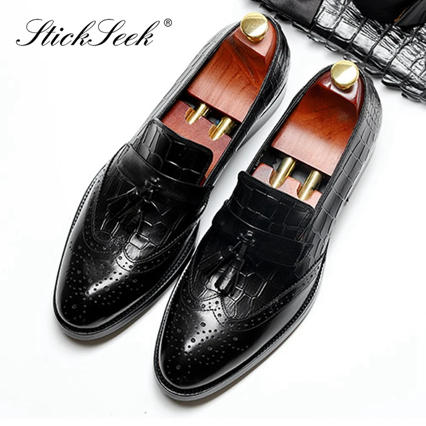 

Vintage Design Genuine Leather Formal Dress Brogue Shoes Pointed Toe Slip on Tassels Mens Handcrafted Carved Party Loafers SG176