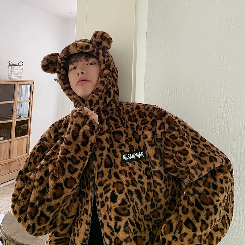 

Mens Parka Jacket Autumn Winter Hoodies Leopard Print Harajuku Thick Warm Overcoat Mens Winter Jackets and Coats Hip Hop