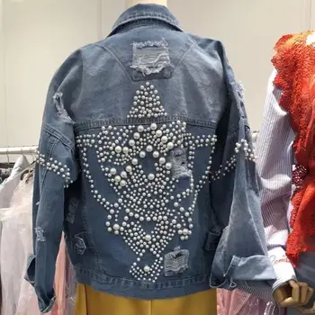 

spring autumn New Fashion Heavy Pearl Bead Hole Denim Jacket Women Long Sleeve turn down collar Jeans Coat