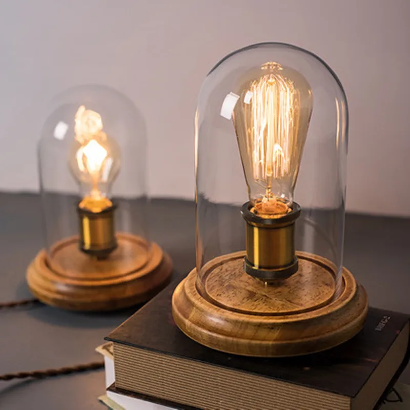  FUMAT Vintage Dimmer Table Lamp Loft Solid Wood Desk Lamp with Glass Shade American Country Bedrom 