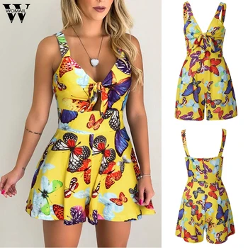 

Womail bodysuit Women fashion Sleeveless beach Playsuit Bow Knot Printed V-Neck Short Jumpsuit Ladies Romper holiday Casual J613