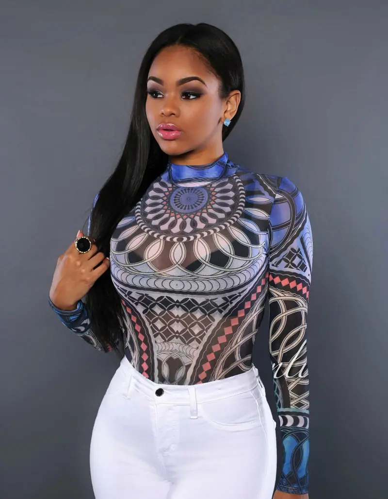 Fashion Vintage Women Long Sleeve Bodysuit Turtleneck Print Leotard