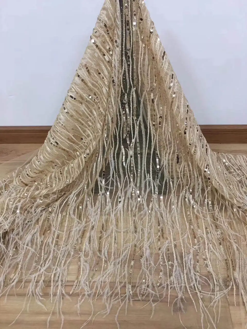 

5 yards Gold embroidered tulle lace fabric Unique New Sequins french net lace fabric with feather High quality RG173