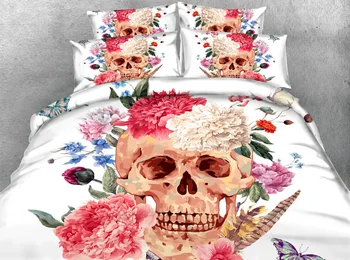 

3pcs white fabric with flowers sugar skull bed cover set HD Digial print bedding sets 3d single queen king size duvet covers