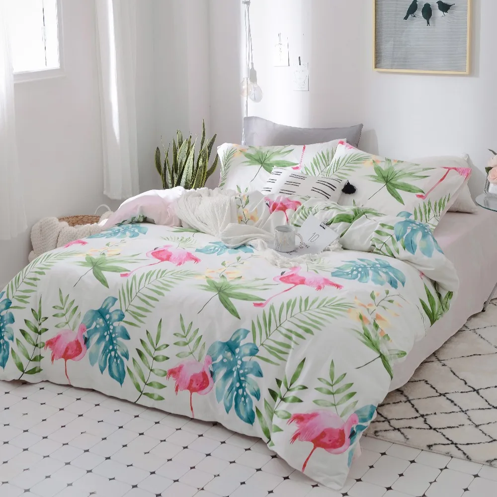 Cartoon Flamingo and green blue leaves bedding sets sheet duvet cover