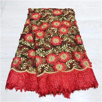 

New arrival High Quality french tulle lace fabrics Guipure stones Red Embroidered African French Lace Fabric For a wedding dress