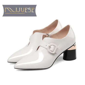 

MLJUESE 2019 women pumps autumn spring Cow leather buckle strap beige color pointed toe high heels lady shoes wedding size 34-42