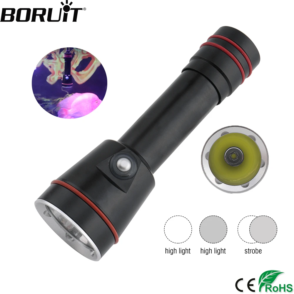 

BORUiT A21 XM-L2 LED Diving Flashlight Underwater 100M Scuba Torch 3-Mode IP68 5000K LED Lantern Diver Lamp by 18650 Battery
