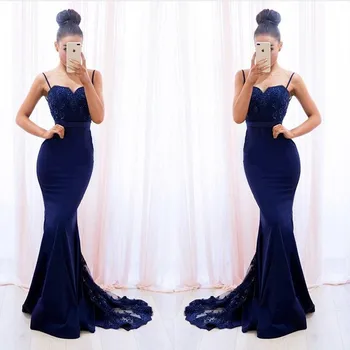 Sexy Spaghetti Straps Lace Applique Crystal Beaded Satin Mermaid Bridesmaid Dresses With Covered Buttons Back Bridesmaid Gown Sexy Spaghetti Straps Lace Applique Crystal Beaded Satin Mermaid Bridesmaid Dresses With Covered Buttons Back Bridesmaid Gown