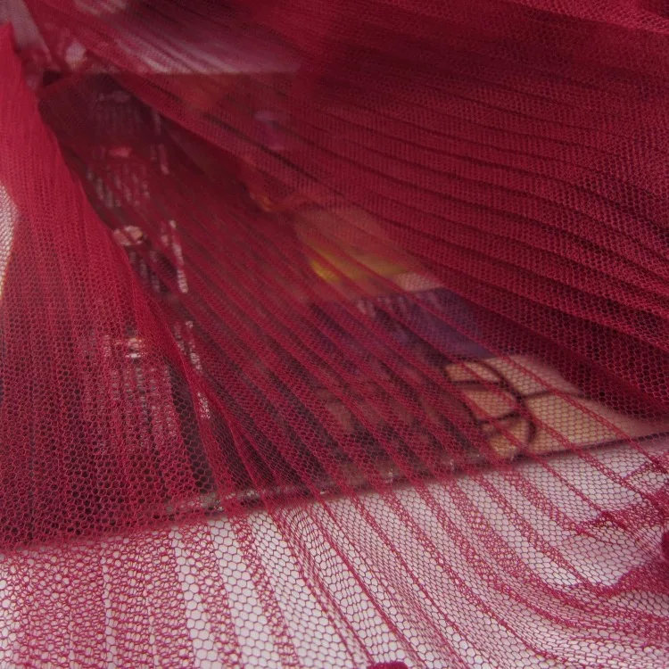 

wine red tulle accordion pleated fabric for pleated dress, mesh accordion pleats fabric, accordion fabric, ruffled tulle fabric