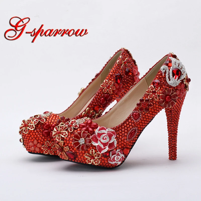 Red Rhinestone Bridal Shoes Wedding Party Prom Shoes Crystal