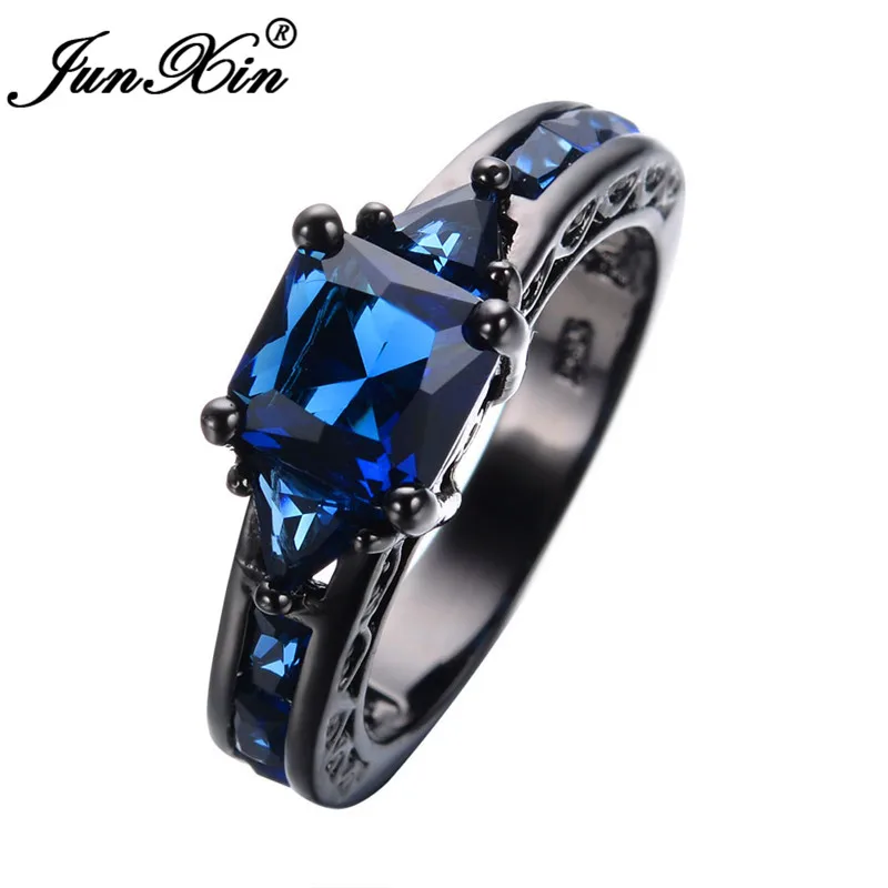 JUNXIN Fashion Square Mens Ring With Blue Zircon Black Gold Filled Geometry Stone Wedding Rings For Men Women Couples Jewelry CZ